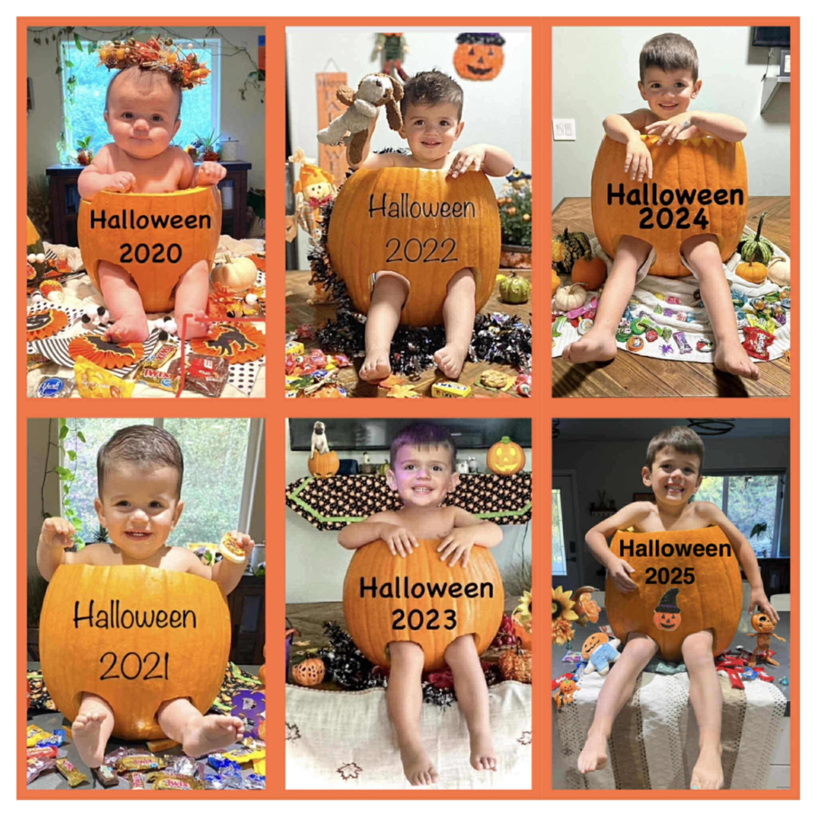 A child's annual Halloween pumpkin photos from 2020 through 2025